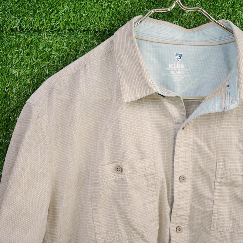 KÜHL Textured Short Sleeve Button-Down Shirt Beige Stripe - Men's Size XL